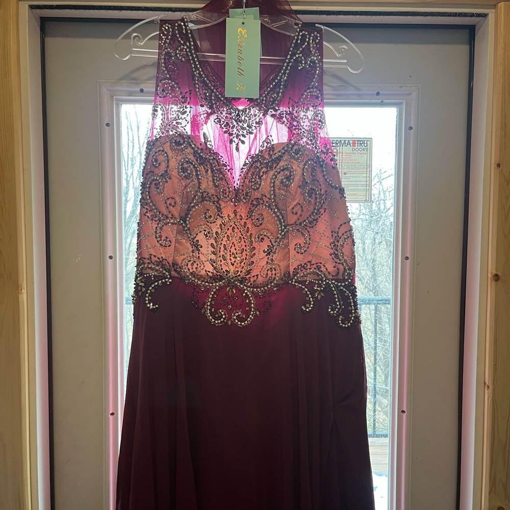 Elegant Beaded Burgundy and Blush Evening Dress